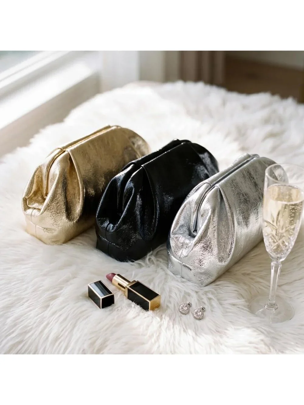 Chic Metallic Leather Ruched Clutch Bag - Elegant Evening Purse for Weddings